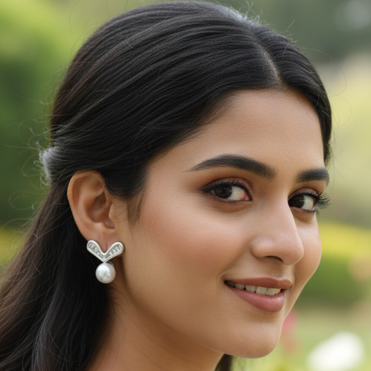 Elegant V-Shape CZ & Pearl Drop Stud Earings