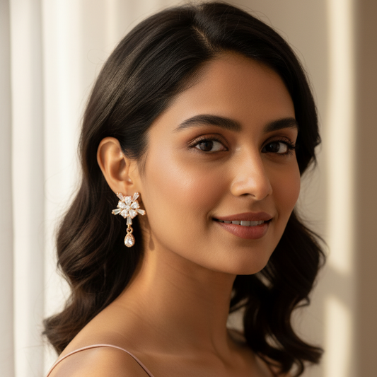 Floral CZ Stud with Elegant Pearl Drop Earrings