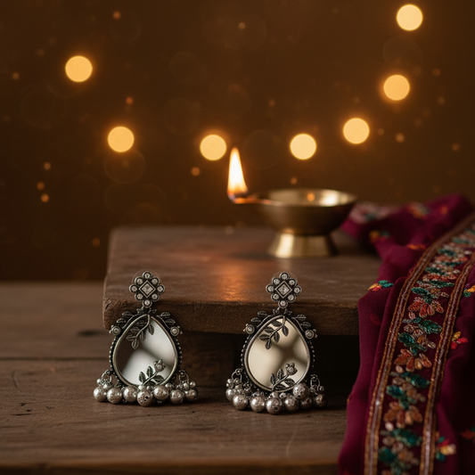 Bohemian Mirror Work Dangle Earrings - Oxidized Finish