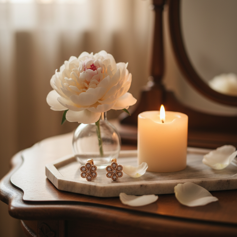 Sparkling Petal Stud Earrings - Rose Gold Plated & Cubic Zirconia Flower Design