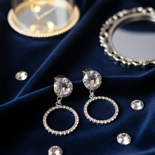 Dazzling Drop Hoop Earrings - Silver Toned with Crystal Stud and Pave Circle