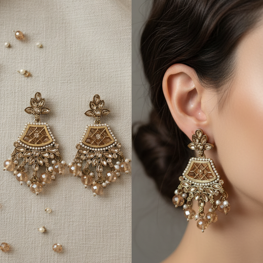 Antique Gold Plated Chandelier Earrings with Champagne Crystals and Pearl Drops | Indian Jhumka Style Danglers