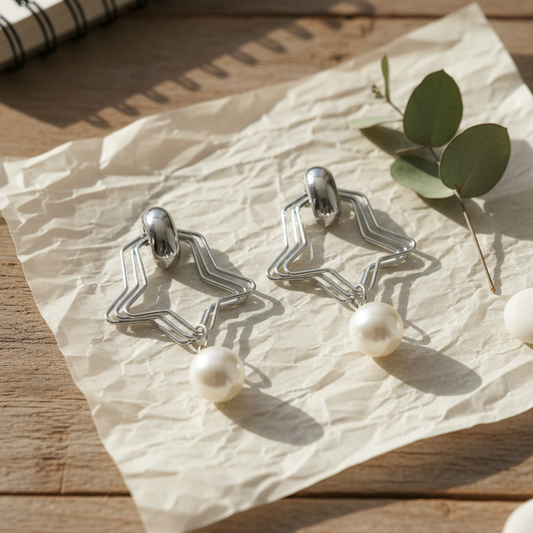 Modern Star Dangle Earrings with Faux Pearl Drop