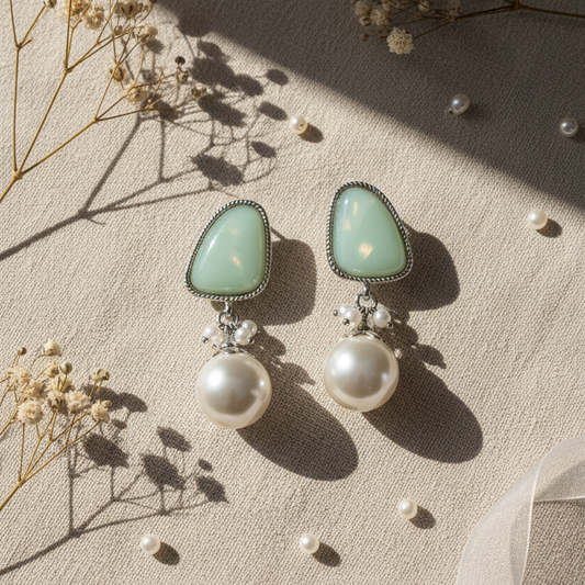 Vintage-Inspired Mint Green Stone and Faux Pearl Drop Earrings