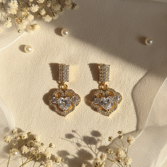 Romantic Pave & Heart-Cut CZ Clover Drop Earrings