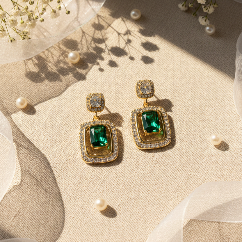 Regal Emerald-Cut & Pave CZ Halo Drop Earrings