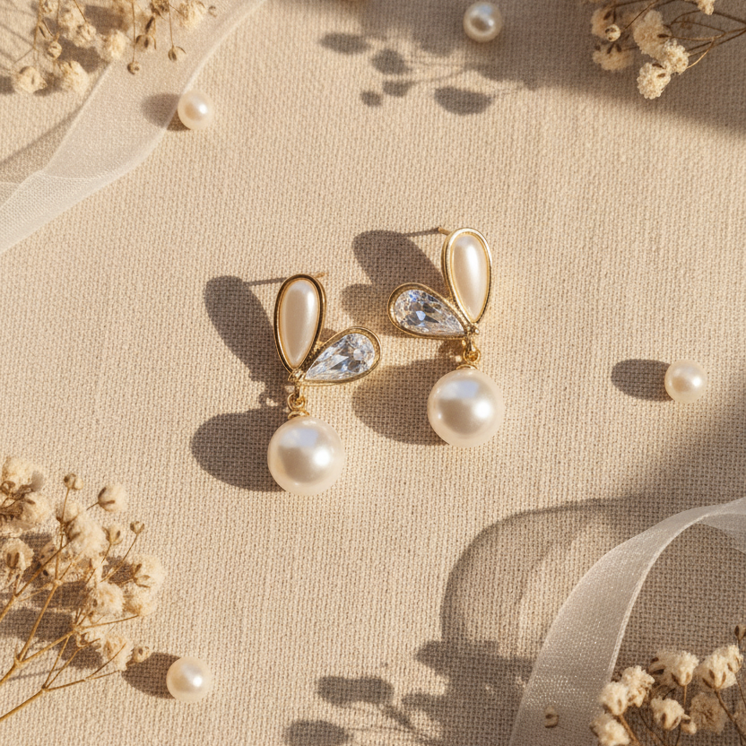 Elegant Teardrop Pearl & Crystal Drop Earrings