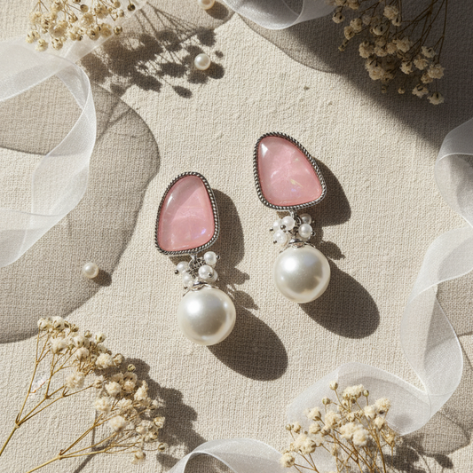 Iridescent Pink Stone and Faux Pearl Cluster Drop Earrings