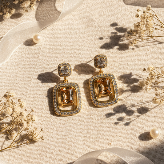 Honey Topaz & Pave CZ Rectangle Drop Earrings