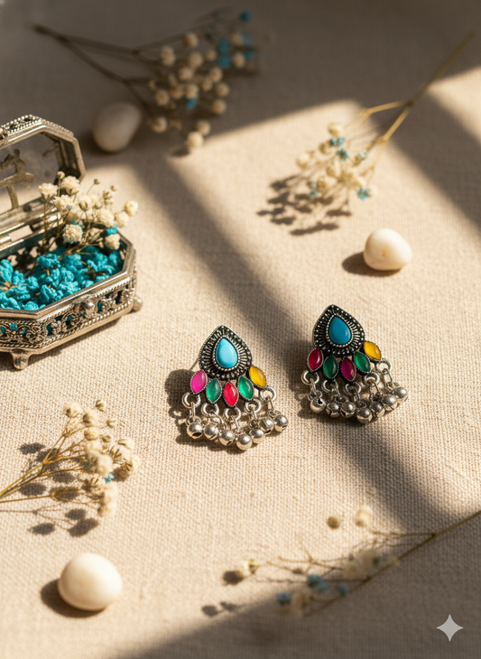 Vibrant Zing: Oxidized Multi-Color Stone Drop Earrings