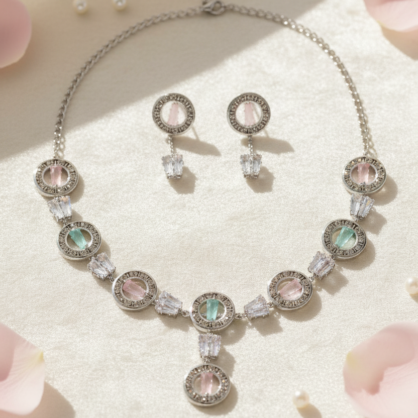 Spring Garden" Pastel Choker & Stud Set | Silver-Tone Necklace with Pink & Mint Crystals
