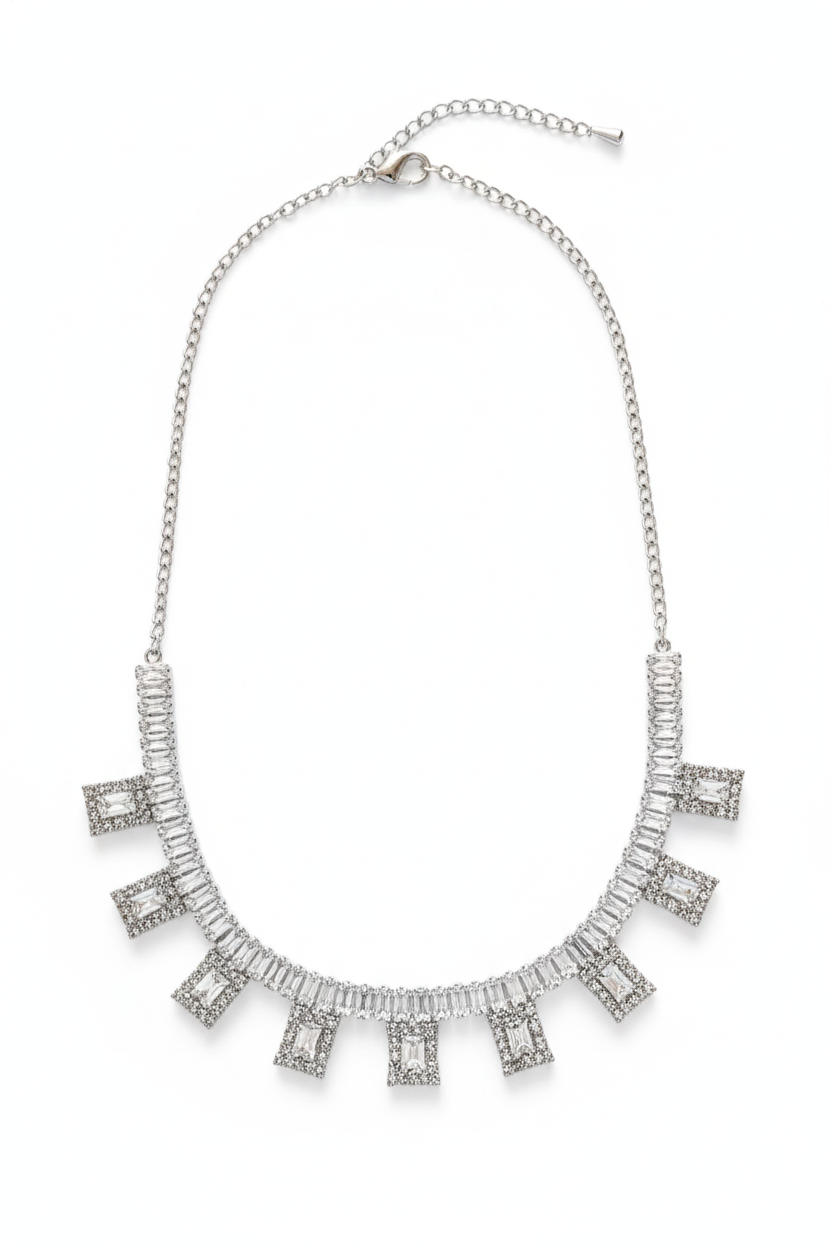 Art Deco Glam" Statement Set | Silver-Tone Baguette & Rectangular Crystal Necklace & Studs