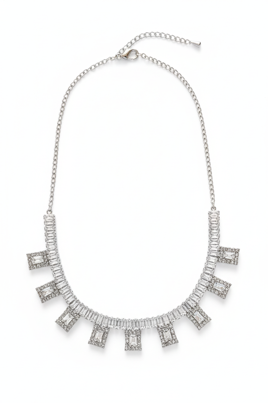Art Deco Glam" Statement Set | Silver-Tone Baguette & Rectangular Crystal Necklace & Studs