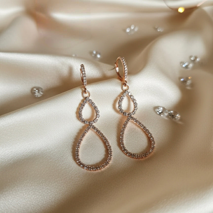 Dazzling Double Teardrop Drop Earrings - Rose Gold Tone with Pave Crystal Accents
