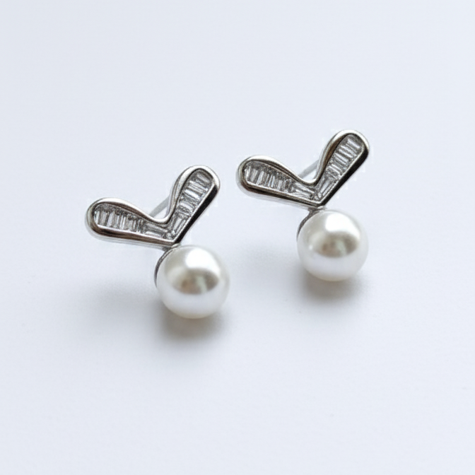 Elegant V-Shape CZ & Pearl Drop Stud Earings
