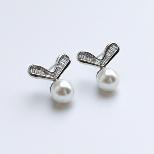 Elegant V-Shape CZ & Pearl Drop Stud Earings