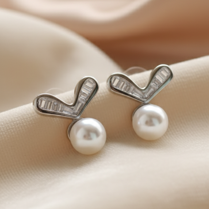 Elegant V-Shape CZ & Pearl Drop Stud Earings