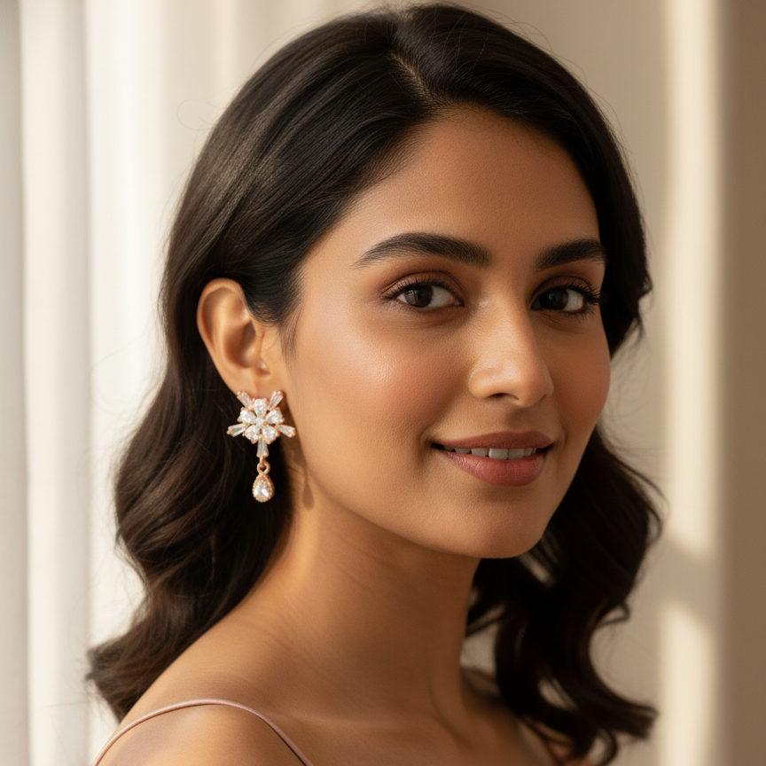 Floral CZ Stud with Elegant Pearl Drop Earrings