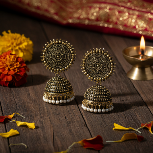 Regal Indian Jhumka Earrings with Sparkling CZ Accent