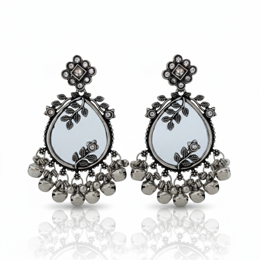 Bohemian Mirror Work Dangle Earrings - Oxidized Finish