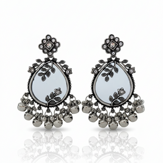 Bohemian Mirror Work Dangle Earrings - Oxidized Finish