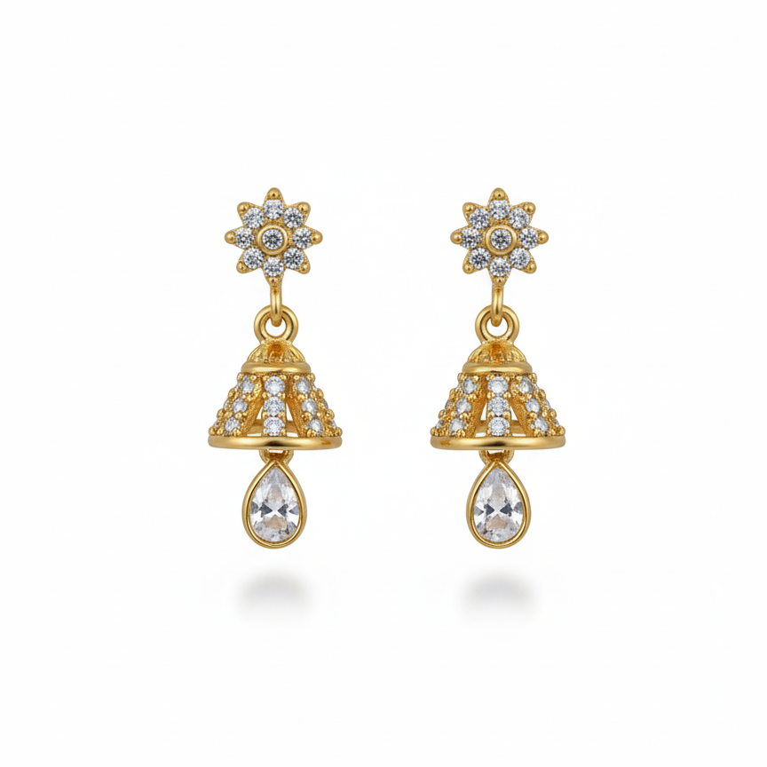 Sparkling AD Stone & Gold Tone Small Jhumka Earrings