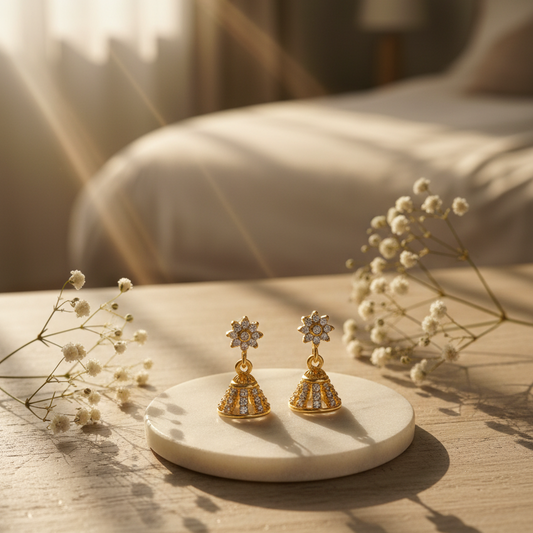 Sparkling AD Stone & Gold Tone Small Jhumka Earrings