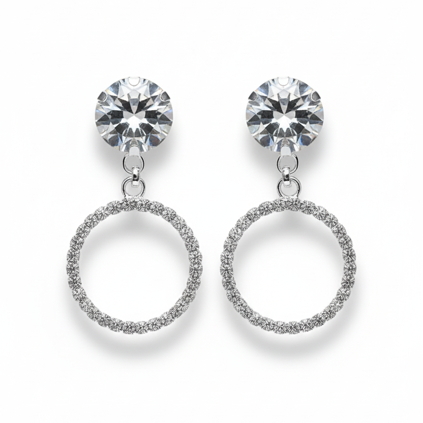 Dazzling Drop Hoop Earrings - Silver Toned with Crystal Stud and Pave Circle
