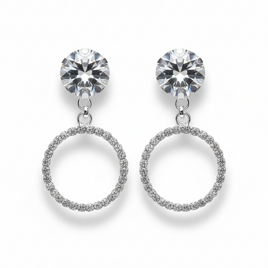 Dazzling Drop Hoop Earrings - Silver Toned with Crystal Stud and Pave Circle