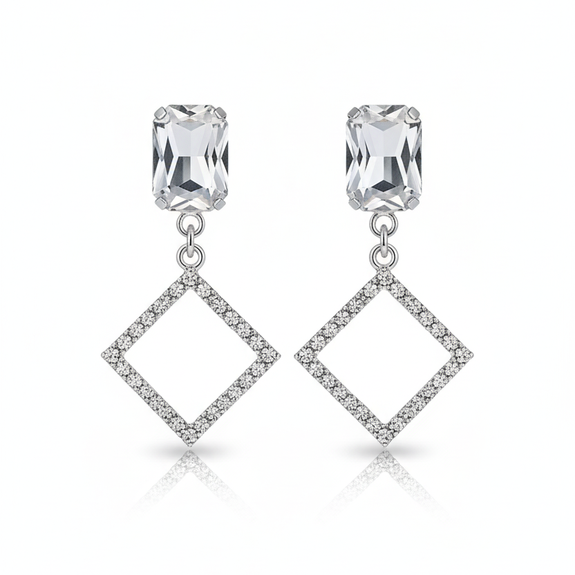 Geometric Glamour Drop Earrings - Emerald Cut Stud with Pave Crystal Diamond Frame