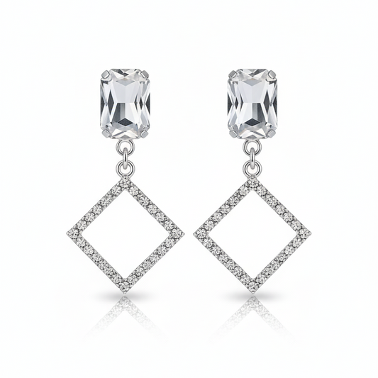 Geometric Glamour Drop Earrings - Emerald Cut Stud with Pave Crystal Diamond Frame