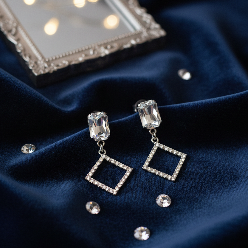 Geometric Glamour Drop Earrings - Emerald Cut Stud with Pave Crystal Diamond Frame