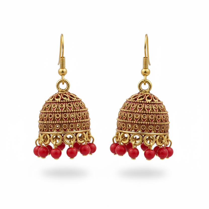 Festive Red Beaded Gold Tone Jhumka Earrings - Lightweight & Traditional Style