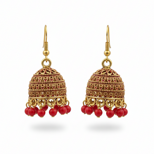 Festive Red Beaded Gold Tone Jhumka Earrings - Lightweight & Traditional Style