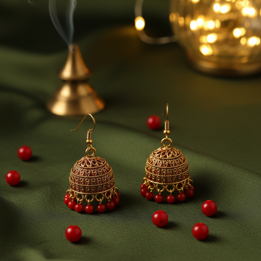 Festive Red Beaded Gold Tone Jhumka Earrings - Lightweight & Traditional Style