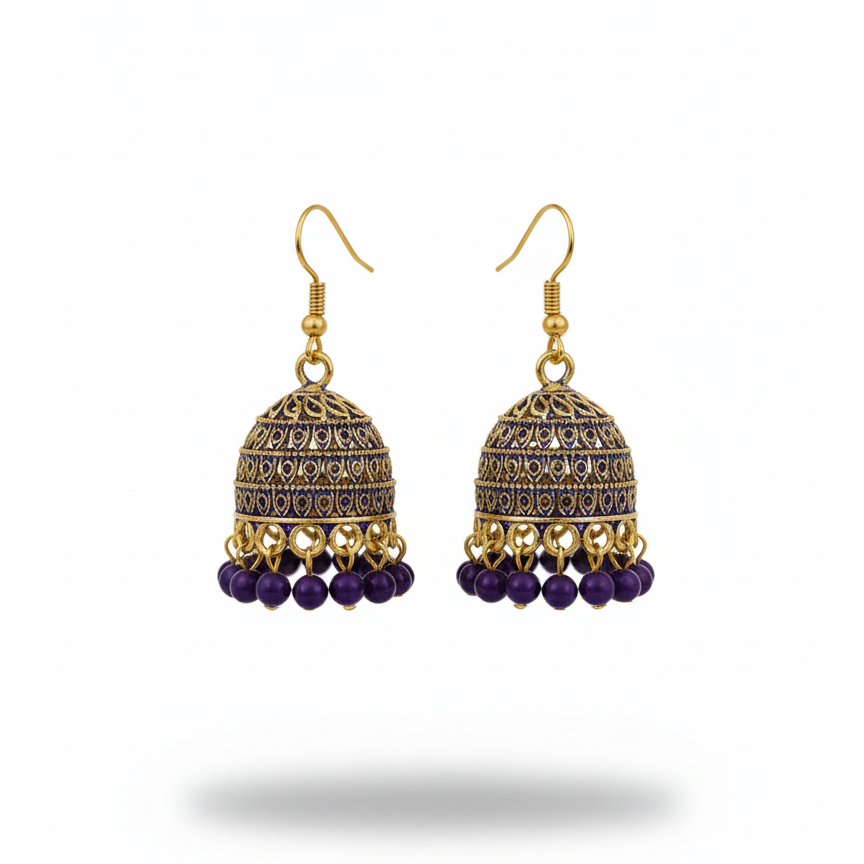 Enchanting Purple & Gold Tone Jhumka Earrings
