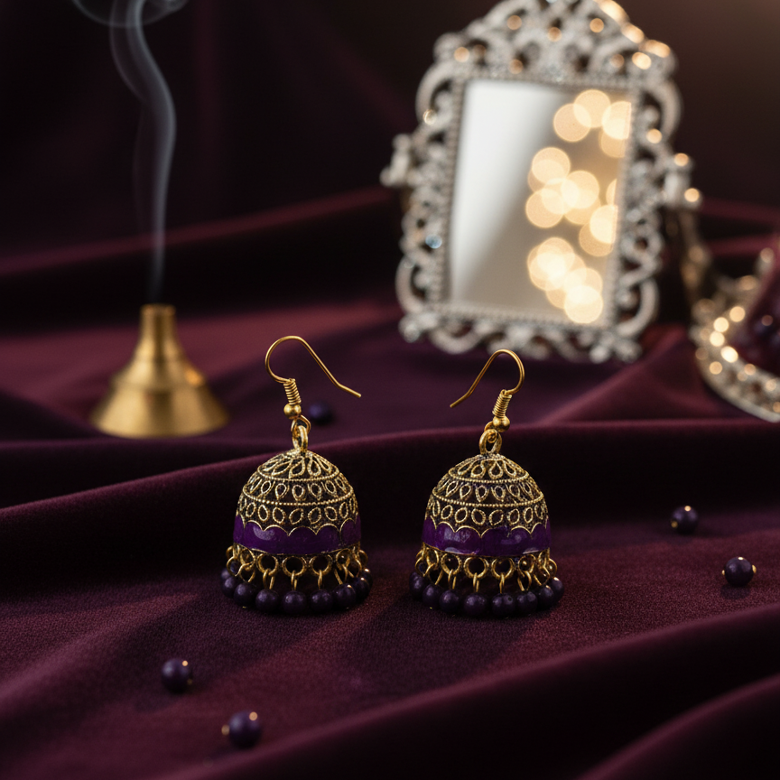 Enchanting Purple & Gold Tone Jhumka Earrings