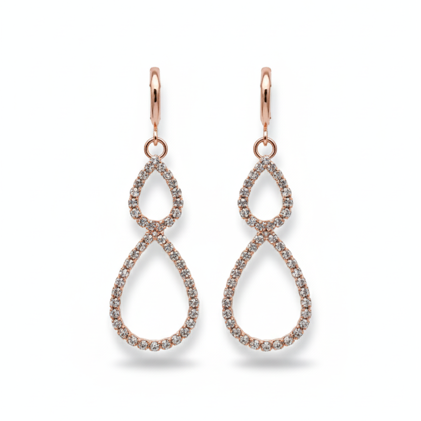 Dazzling Double Teardrop Drop Earrings - Rose Gold Tone with Pave Crystal Accents