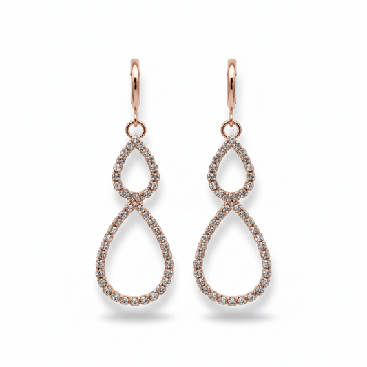 Dazzling Double Teardrop Drop Earrings - Rose Gold Tone with Pave Crystal Accents