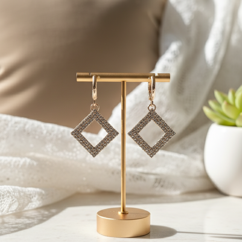 Sparkling Square Diamond Drop Earrings