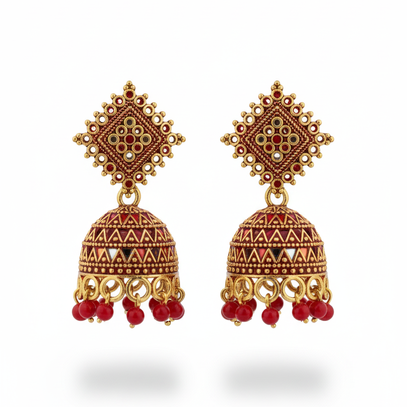 Traditional Indian Gold-Plated Jhumka Earrings with Red Beads
