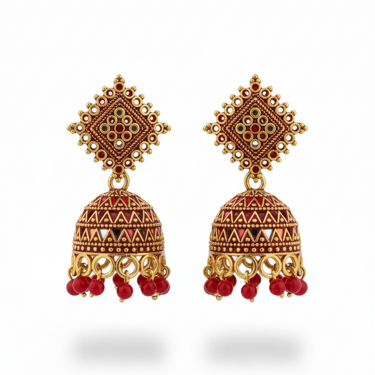 Traditional Indian Gold-Plated Jhumka Earrings with Red Beads
