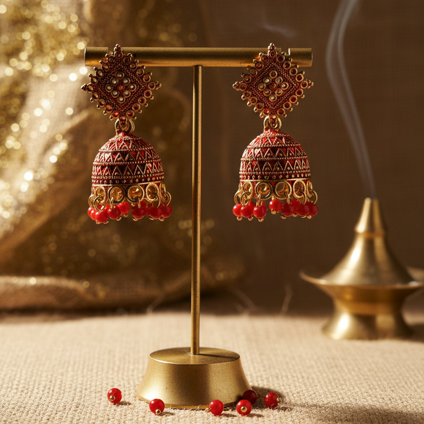 Traditional Indian Gold-Plated Jhumka Earrings with Red Beads