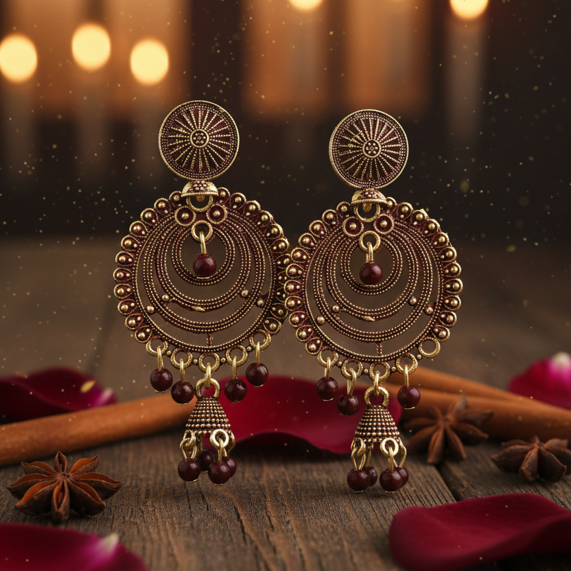 Exquisite Antique Gold & Maroon Jhumka Earrings - Classic Elegance