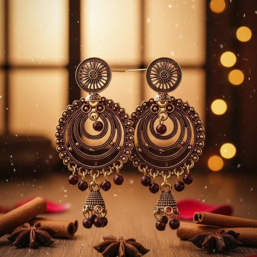 Exquisite Antique Gold & Maroon Jhumka Earrings - Classic Elegance