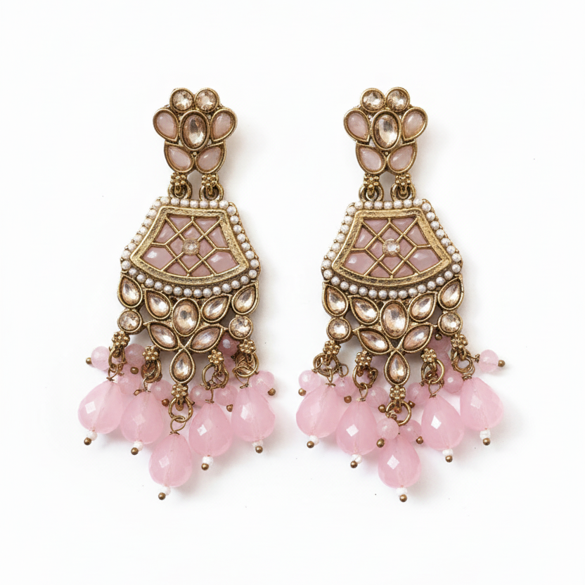 Antique Gold & Pastel Pink Enamel Chandelier Earrings with Pink Bead Drops | Indian Wedding and Festive Jhumki Style