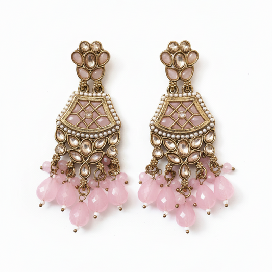Antique Gold & Pastel Pink Enamel Chandelier Earrings with Pink Bead Drops | Indian Wedding and Festive Jhumki Style