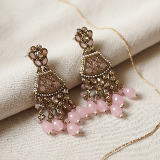 Antique Gold & Pastel Pink Enamel Chandelier Earrings with Pink Bead Drops | Indian Wedding and Festive Jhumki Style