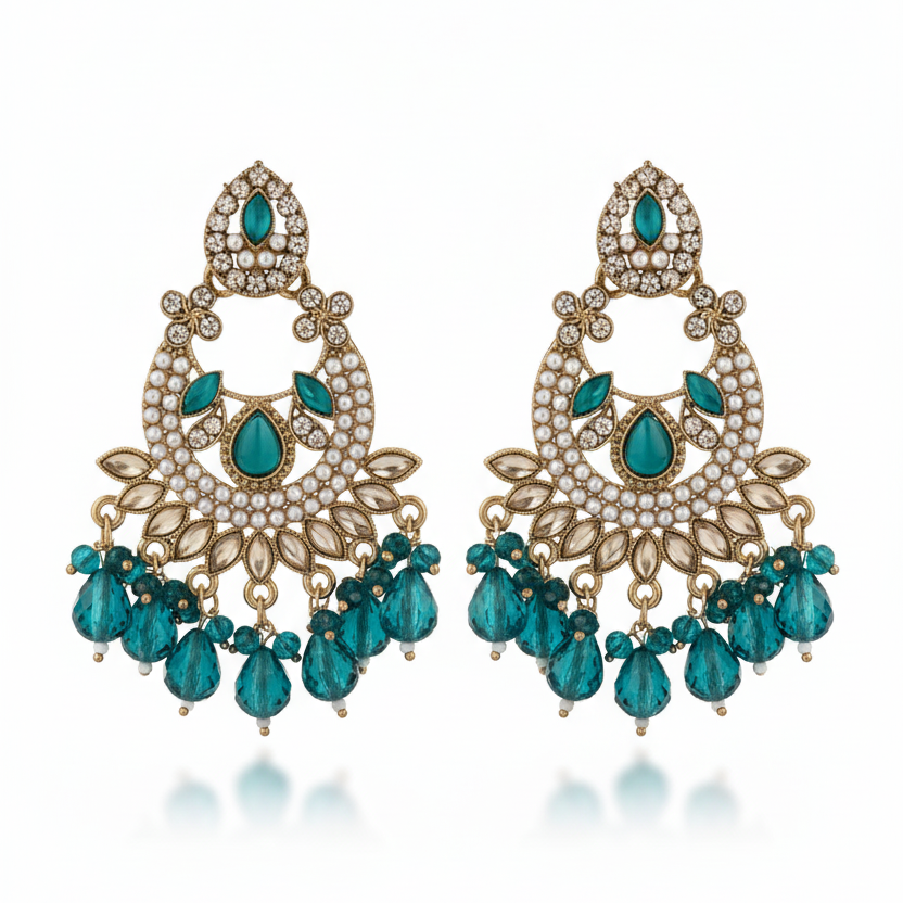 Ethnic Teal & Antique Gold Plated Chaandbali Earrings with Crystal & Pearl Detailing