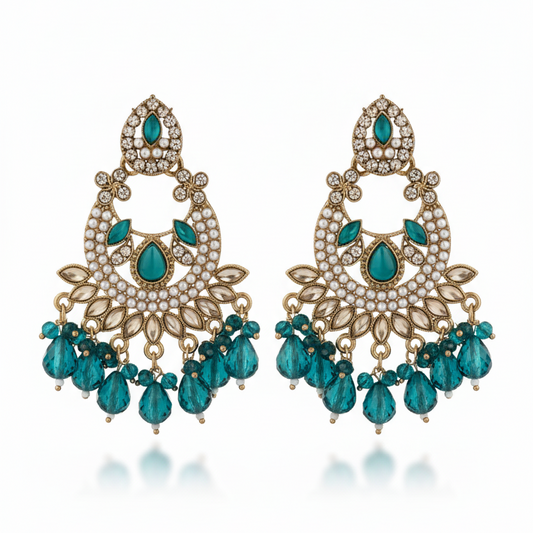 Ethnic Teal & Antique Gold Plated Chaandbali Earrings with Crystal & Pearl Detailing